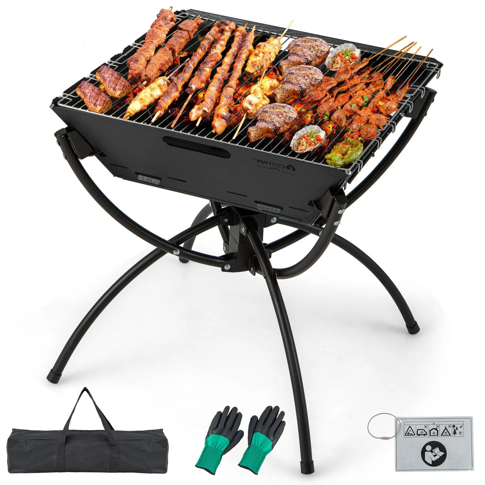 Camping Fire Pit Cooking Grills with Carrying Bag and Gloves-Coffee