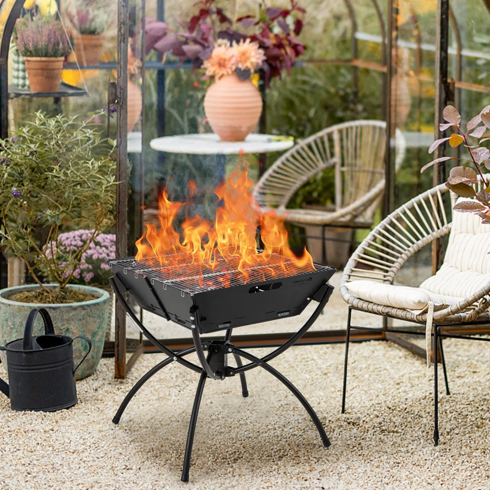 Camping Fire Pit Cooking Grills with Carrying Bag and Gloves-Coffee