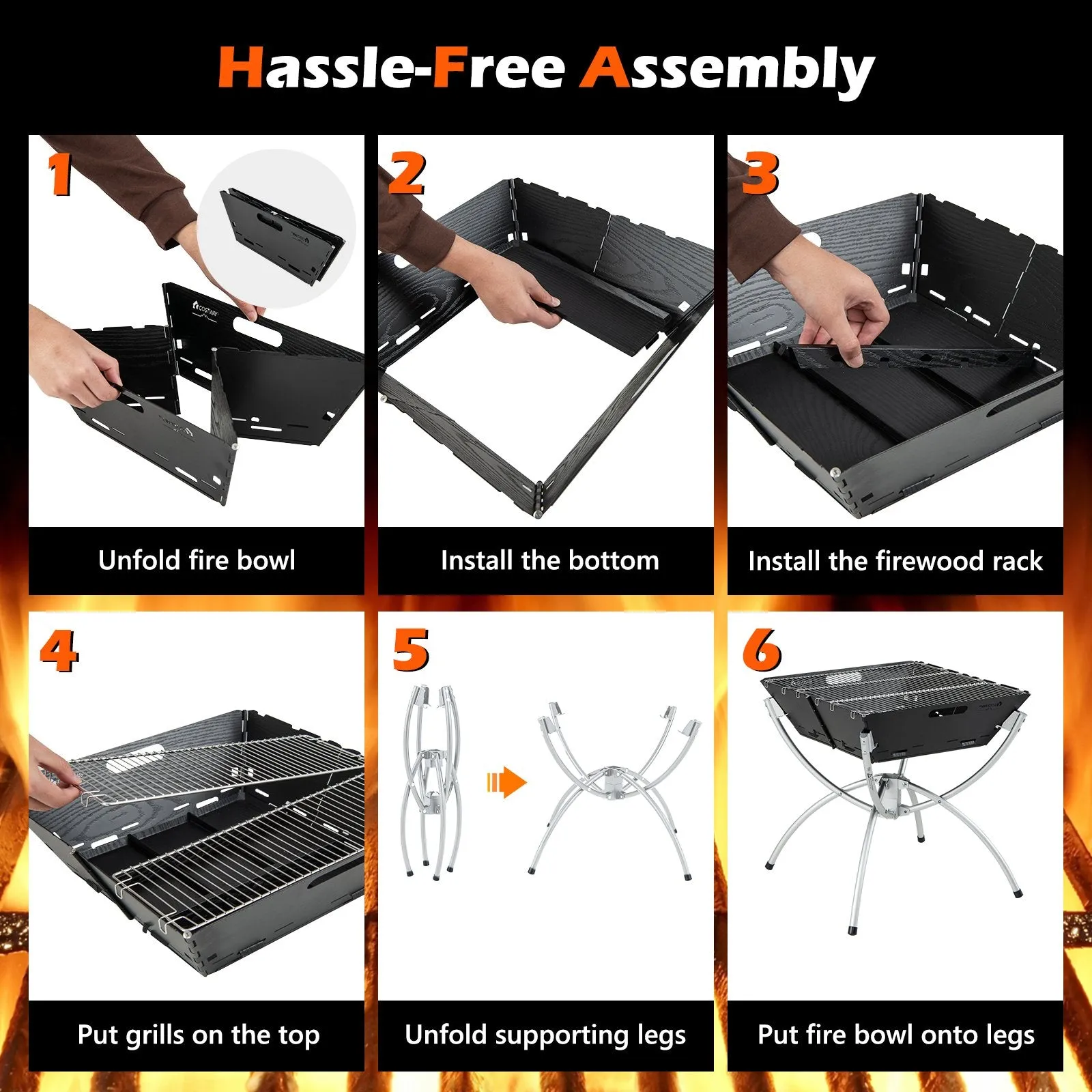 Camping Fire Pit Cooking Grills with Carrying Bag and Gloves-Silver