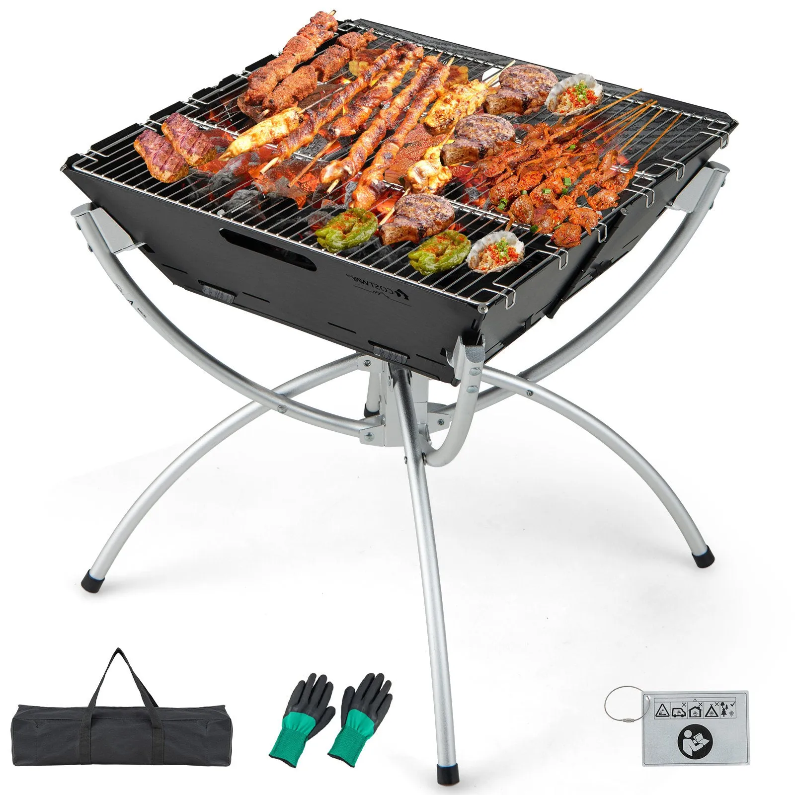 Camping Fire Pit Cooking Grills with Carrying Bag and Gloves-Silver
