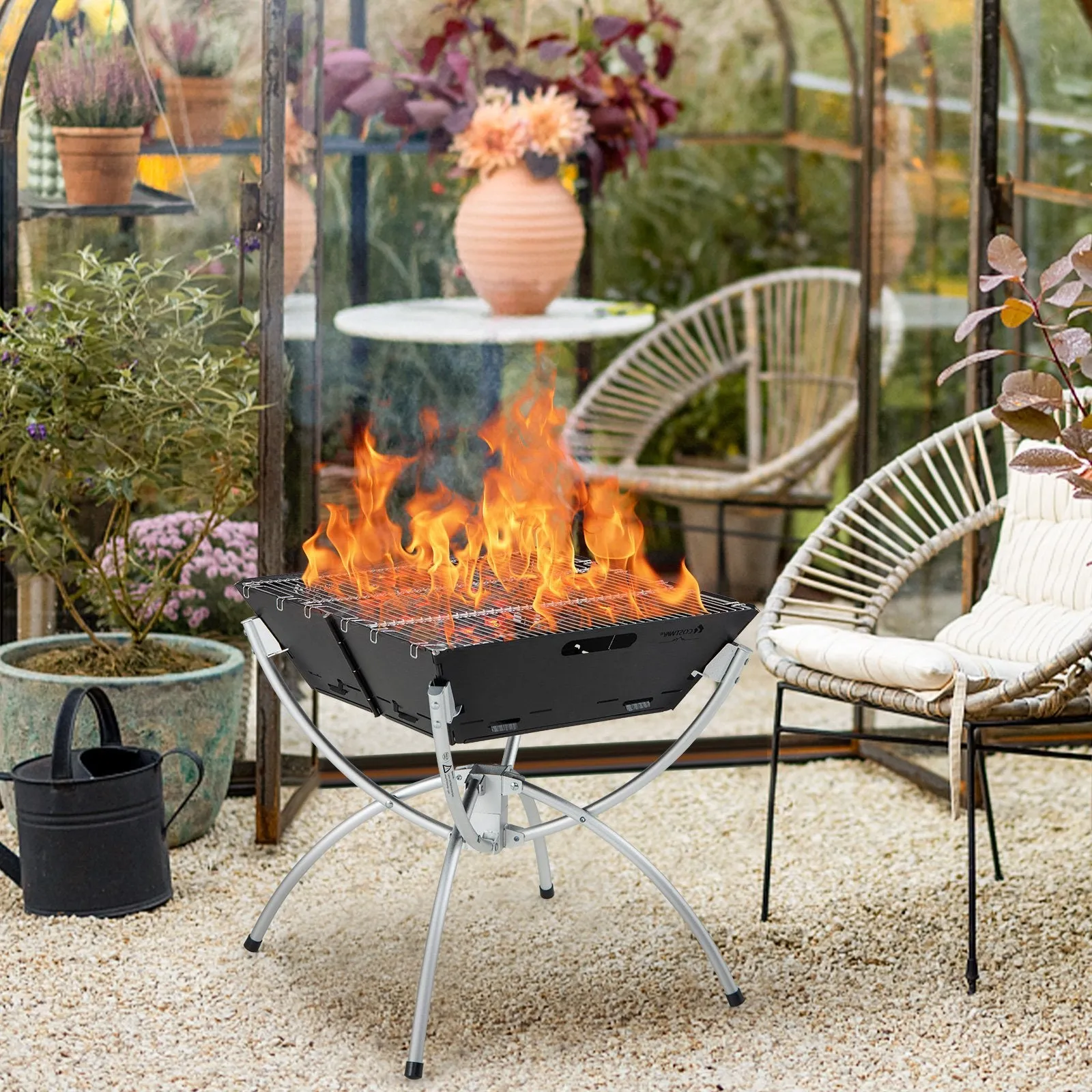 Camping Fire Pit Cooking Grills with Carrying Bag and Gloves-Silver
