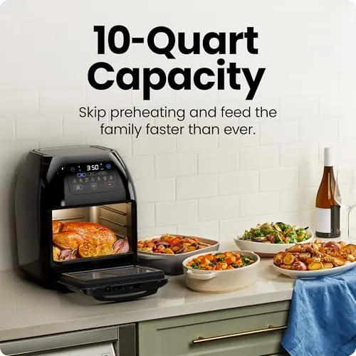 CHEFMAN Multifunctional Digital Air Fryer  Rotisserie, Dehydrator, Convection Oven, 17 Touch Screen Presets Fry, Roast, Dehydrate, Bake, XL 10L Family Size, Auto Shutoff, Large Easy-View Window, Black