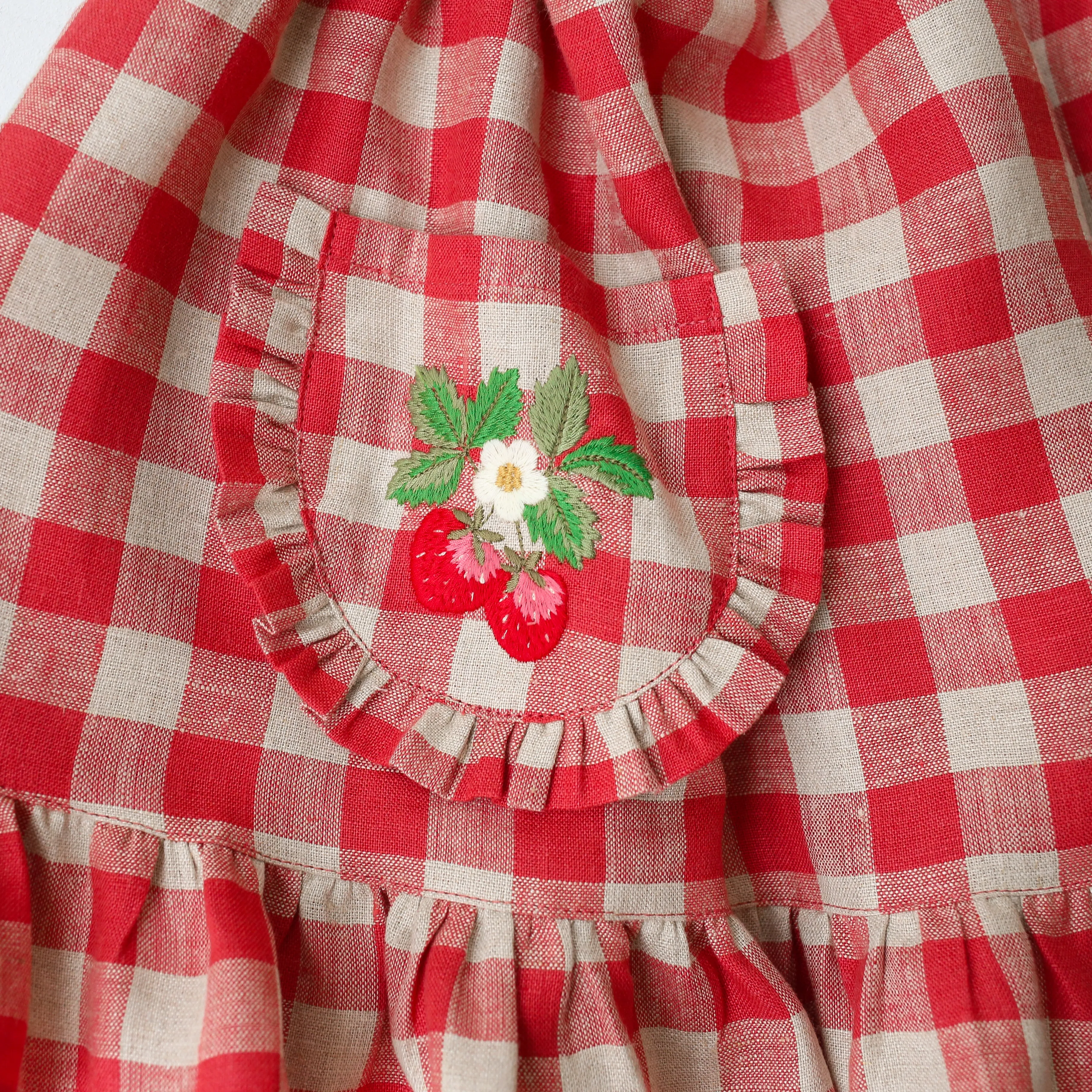 Cherry Check Linen Straps Pinafore with Frills with Strawberry Embroidery