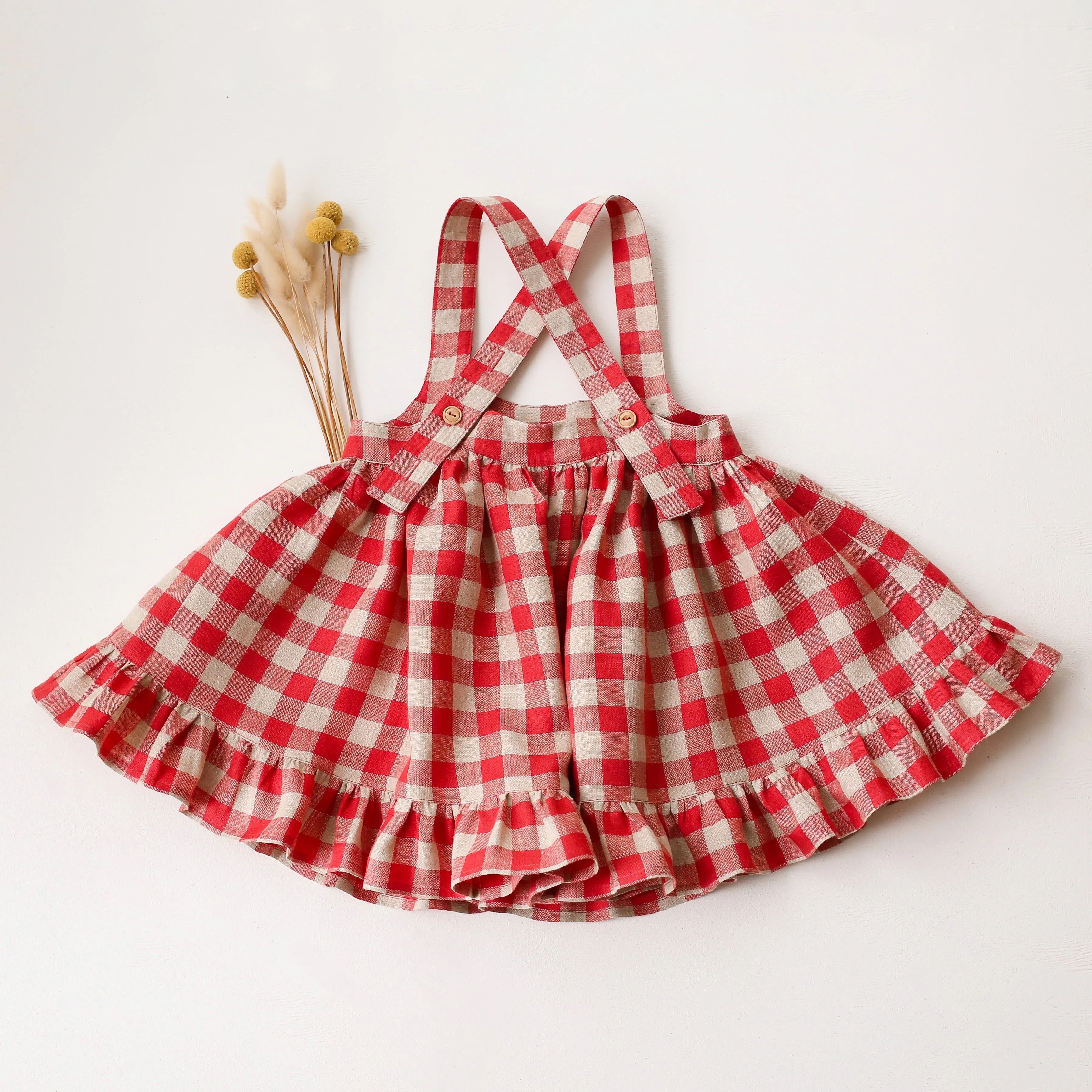 Cherry Check Linen Straps Pinafore with Frills with Strawberry Embroidery