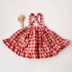 Cherry Check Linen Straps Pinafore with Frills with Strawberry Embroidery
