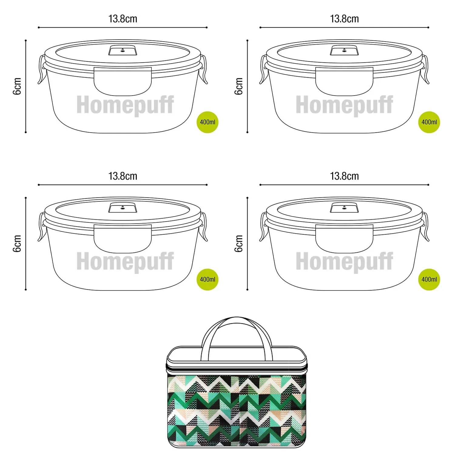 Home Puff Borosilicate Glass Lunch Box -Microwavable, Airvent Lid, Premium Carry Bag (Round 400 Ml, Set of 4) Green