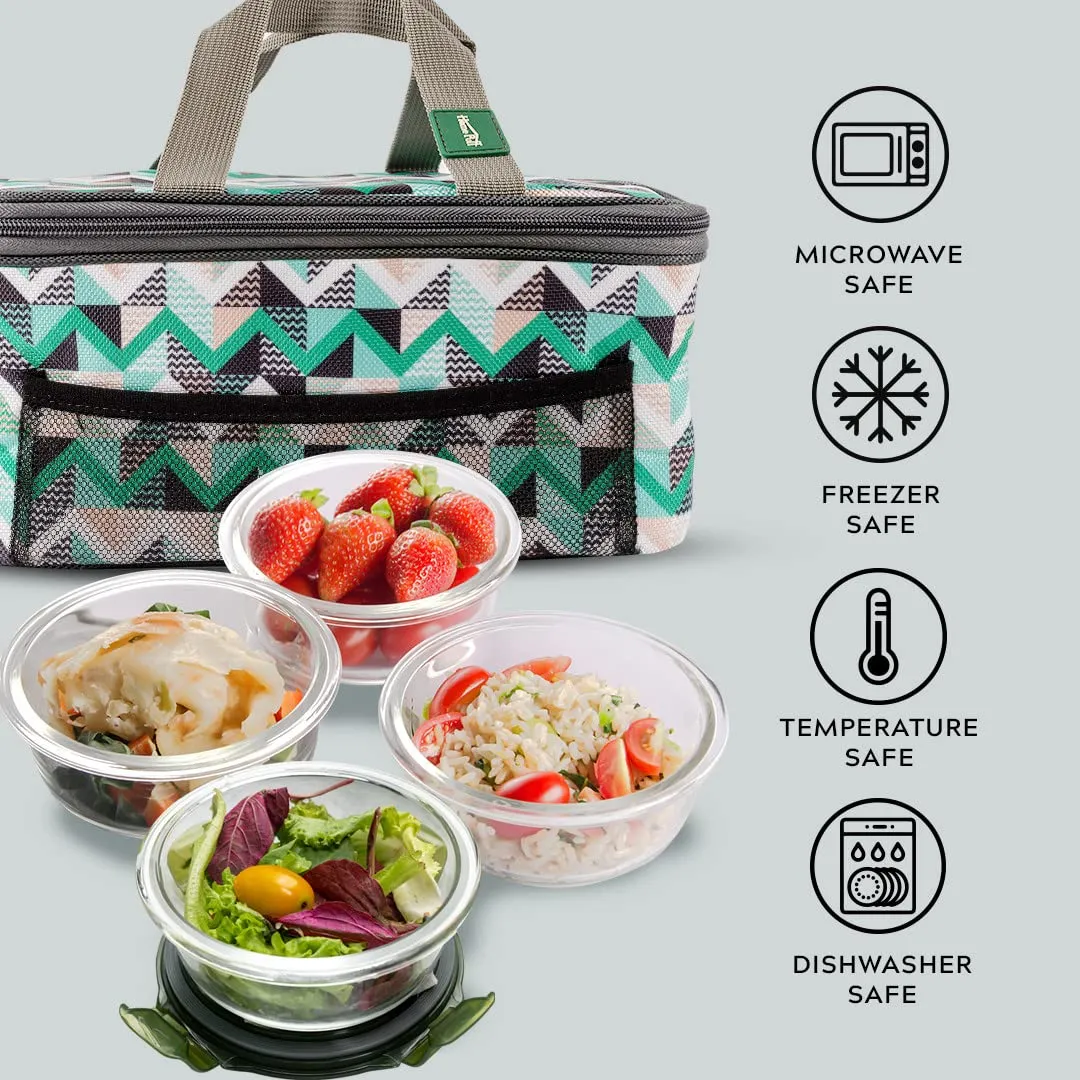 Home Puff Borosilicate Glass Lunch Box -Microwavable, Airvent Lid, Premium Carry Bag (Round 400 Ml, Set of 4) Green