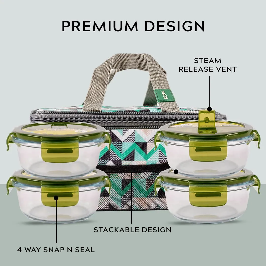 Home Puff Borosilicate Glass Lunch Box -Microwavable, Airvent Lid, Premium Carry Bag (Round 400 Ml, Set of 4) Green