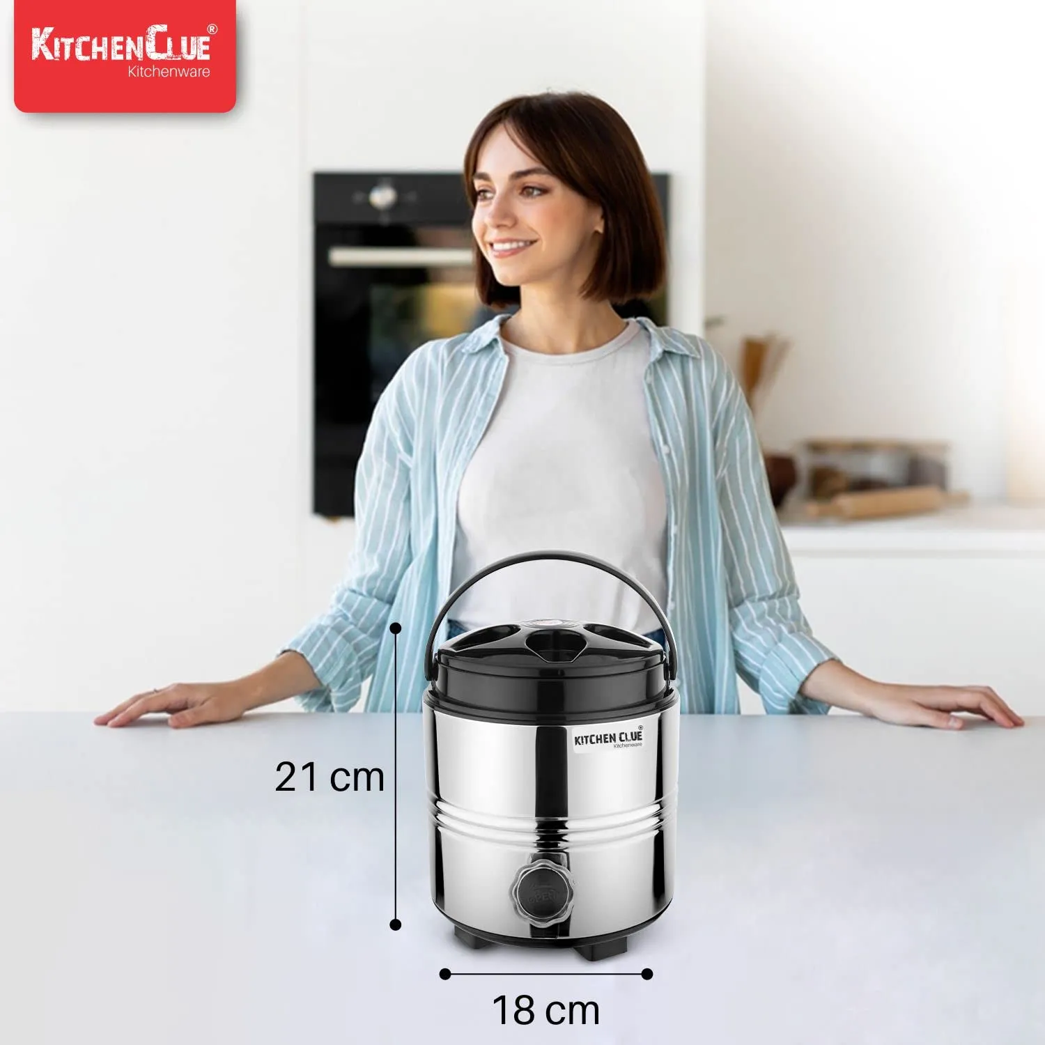 KITCHEN CLUE Hot and Cold Steel Water Jug 3 Liter with Tap (PU-Insulated Themrosteel Camper) Comes with 2 Pcs Steel Glass Set - Perfect Travel Campanion - Easy to Carry Handle - Sturdy & Durable