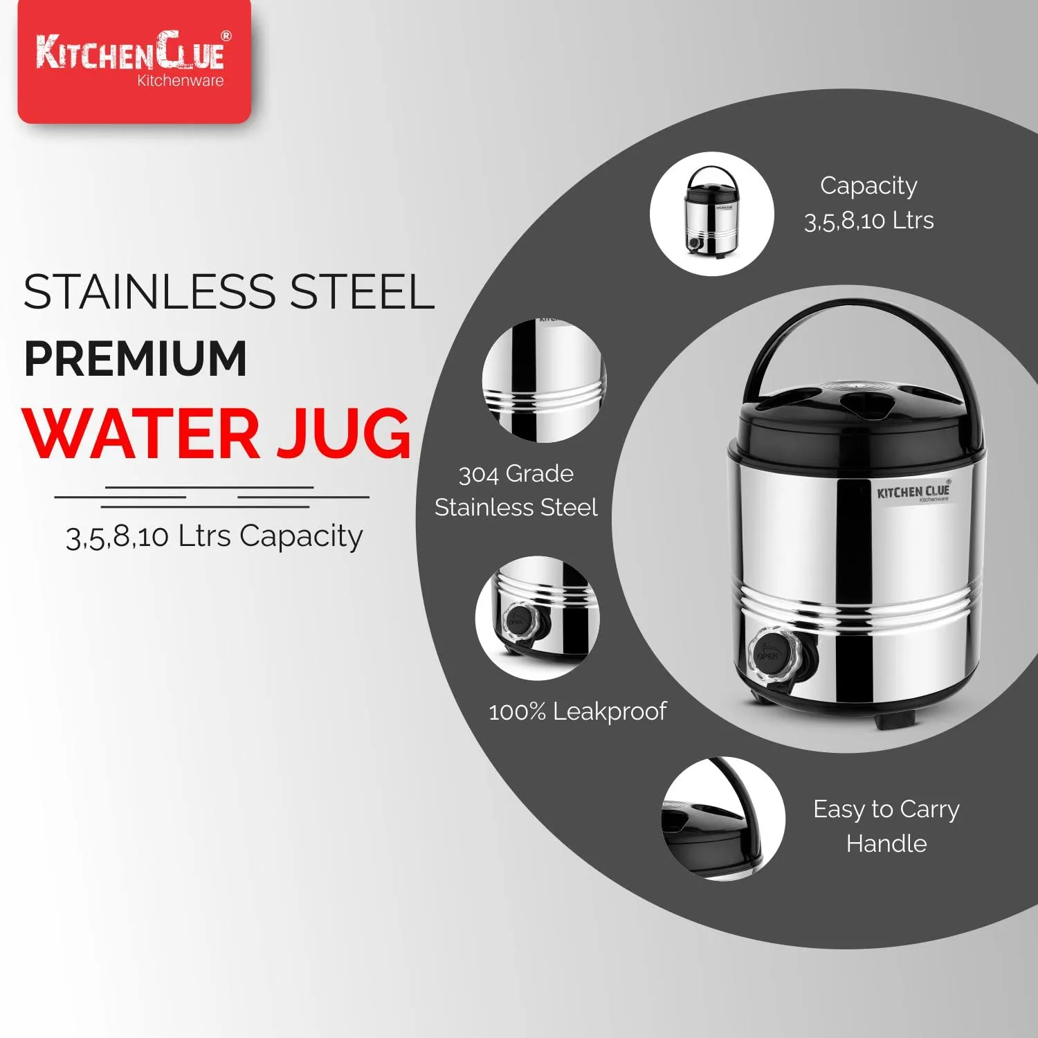 KITCHEN CLUE Hot and Cold Steel Water Jug 3 Liter with Tap (PU-Insulated Themrosteel Camper) Comes with 2 Pcs Steel Glass Set - Perfect Travel Campanion - Easy to Carry Handle - Sturdy & Durable