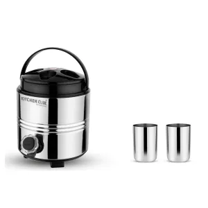 KITCHEN CLUE Hot and Cold Steel Water Jug 3 Liter with Tap (PU-Insulated Themrosteel Camper) Comes with 2 Pcs Steel Glass Set - Perfect Travel Campanion - Easy to Carry Handle - Sturdy & Durable