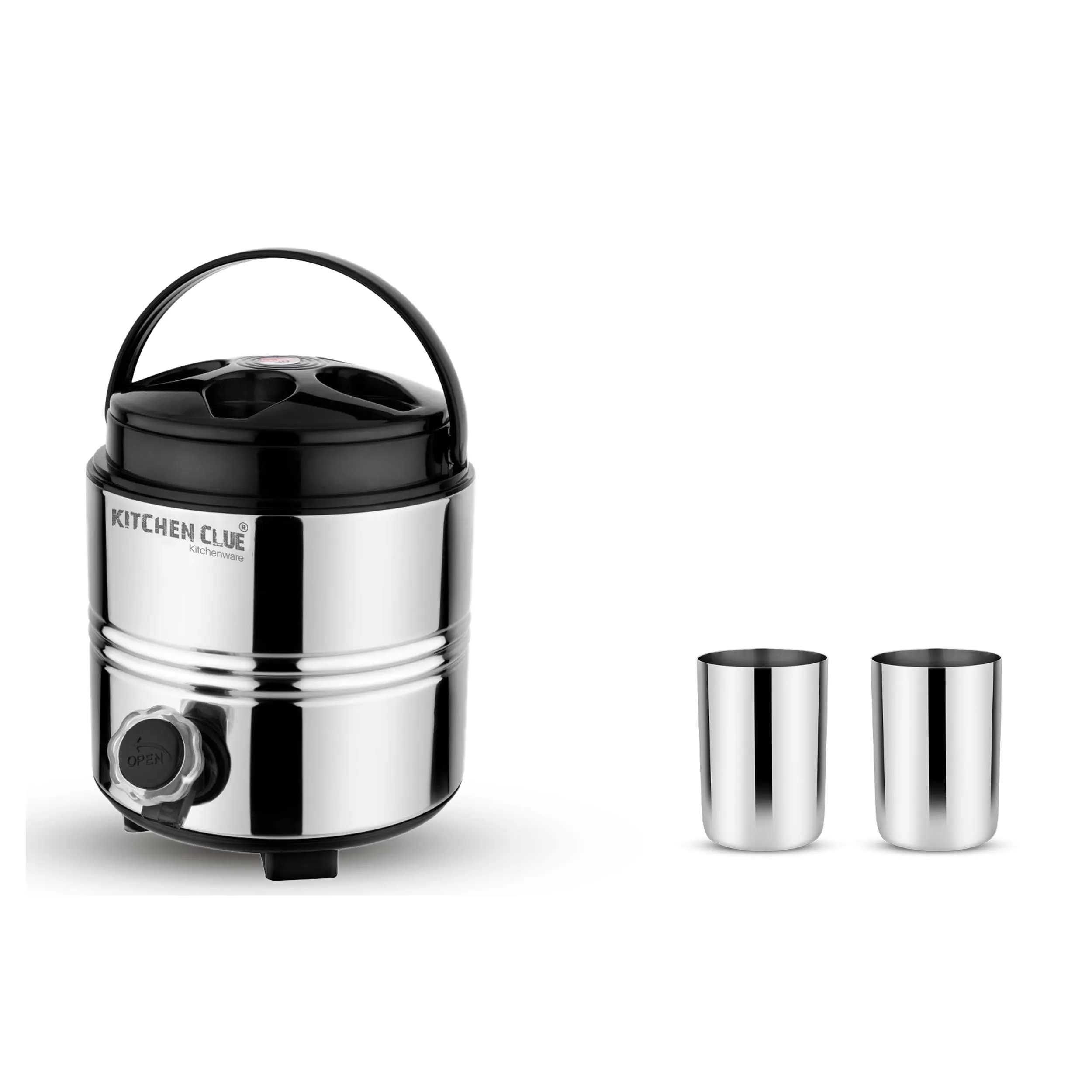 KITCHEN CLUE Hot and Cold Steel Water Jug 3 Liter with Tap (PU-Insulated Themrosteel Camper) Comes with 2 Pcs Steel Glass Set - Perfect Travel Campanion - Easy to Carry Handle - Sturdy & Durable