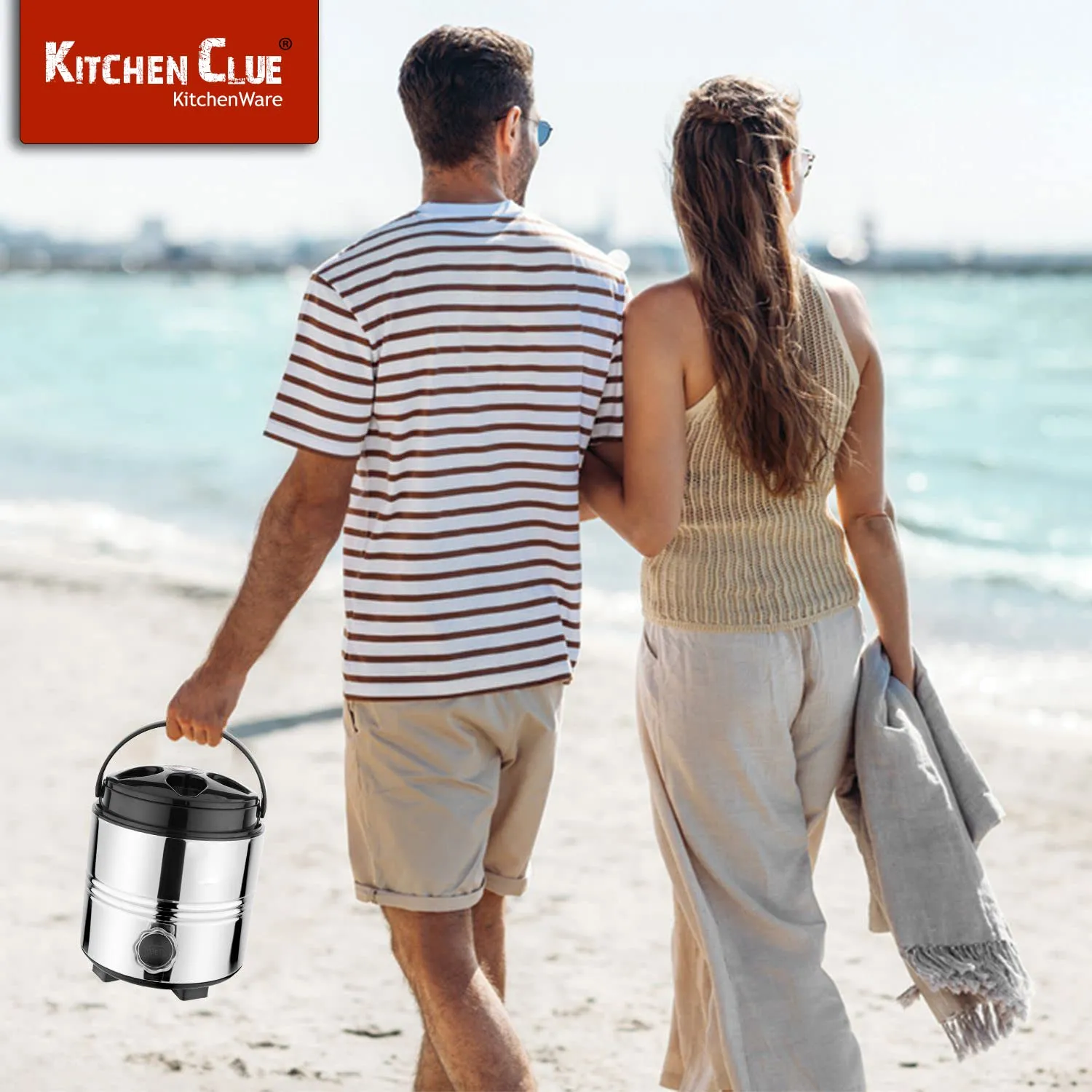 KITCHEN CLUE Hot and Cold Steel Water Jug 3 Liter with Tap (PU-Insulated Themrosteel Camper) Comes with 2 Pcs Steel Glass Set - Perfect Travel Campanion - Easy to Carry Handle - Sturdy & Durable