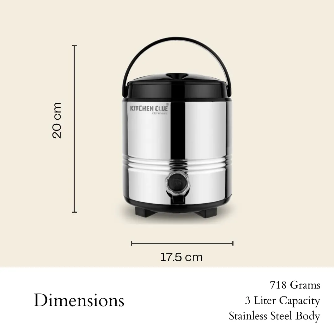 KITCHEN CLUE Hot and Cold Steel Water Jug 3 Liter with Tap (PU-Insulated Themrosteel Camper) Comes with 2 Pcs Steel Glass Set - Perfect Travel Campanion - Easy to Carry Handle - Sturdy & Durable