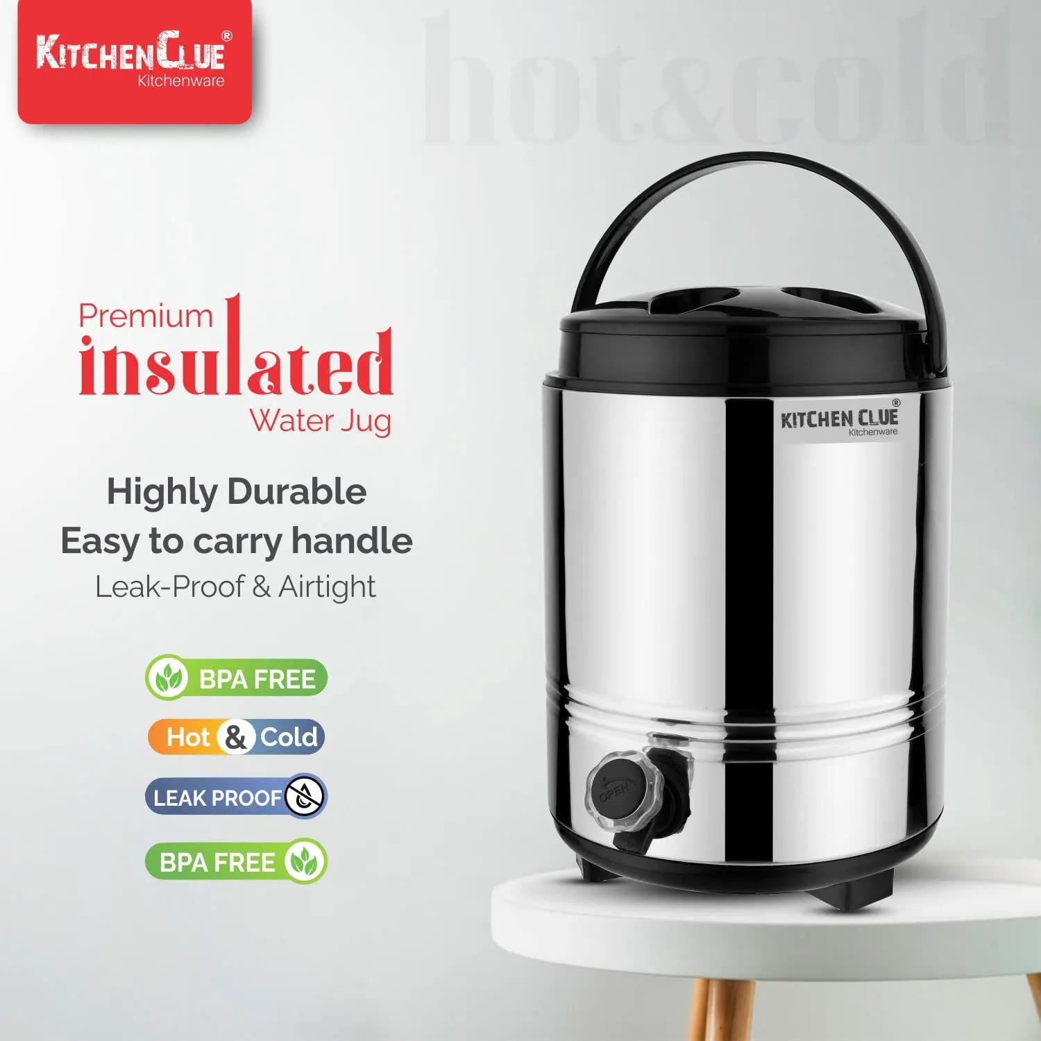 KITCHEN CLUE Stainless Steel Hot and Cold Water Containers with Tap, 10 Liters I PUF Insulated Hot N Cold Upto 4-5hours I Summer Edition Cool Water Dispenser for Office Home Kitchen Travelling