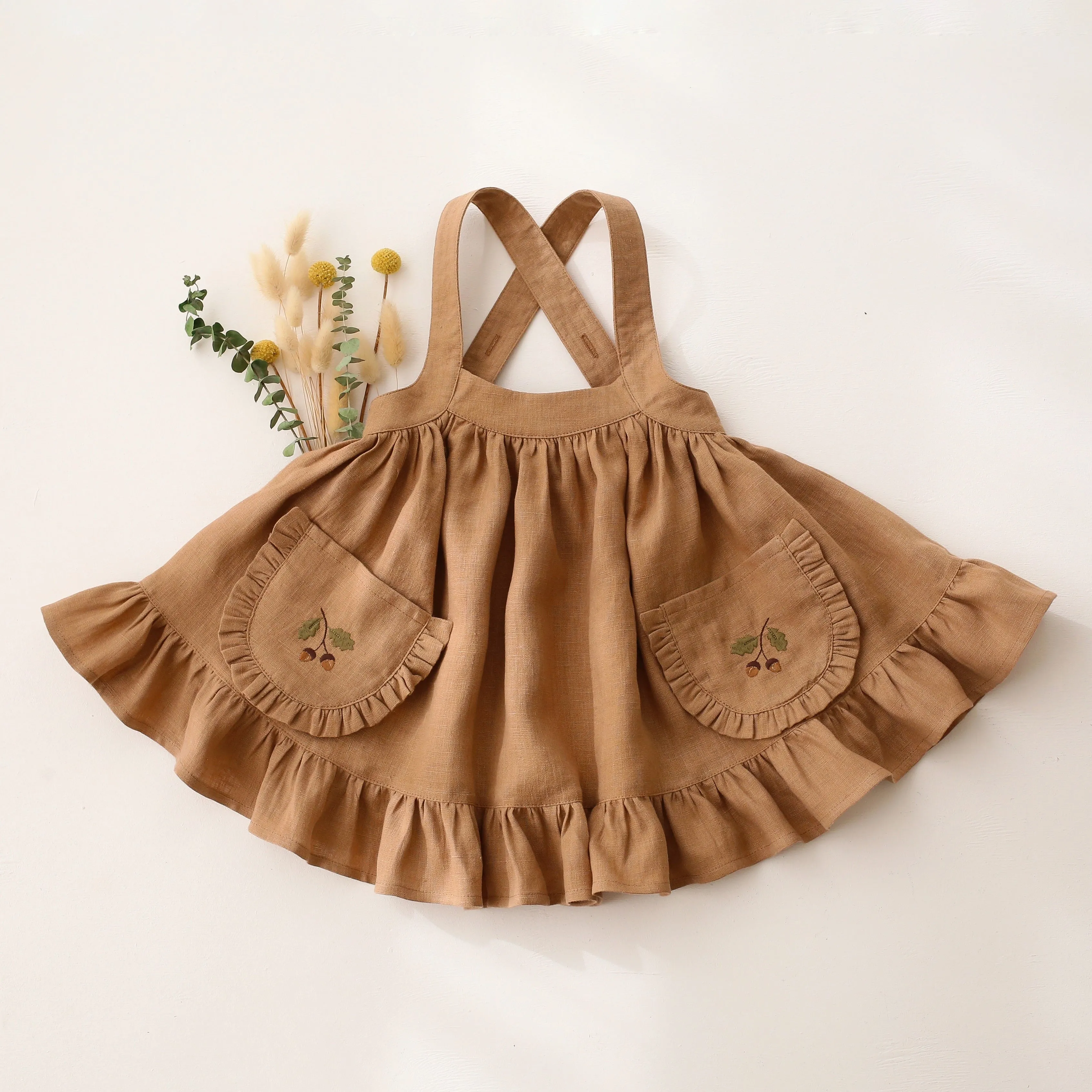 Latte Linen Straps Pinafore with Frills with Mini Acorns Embroidery