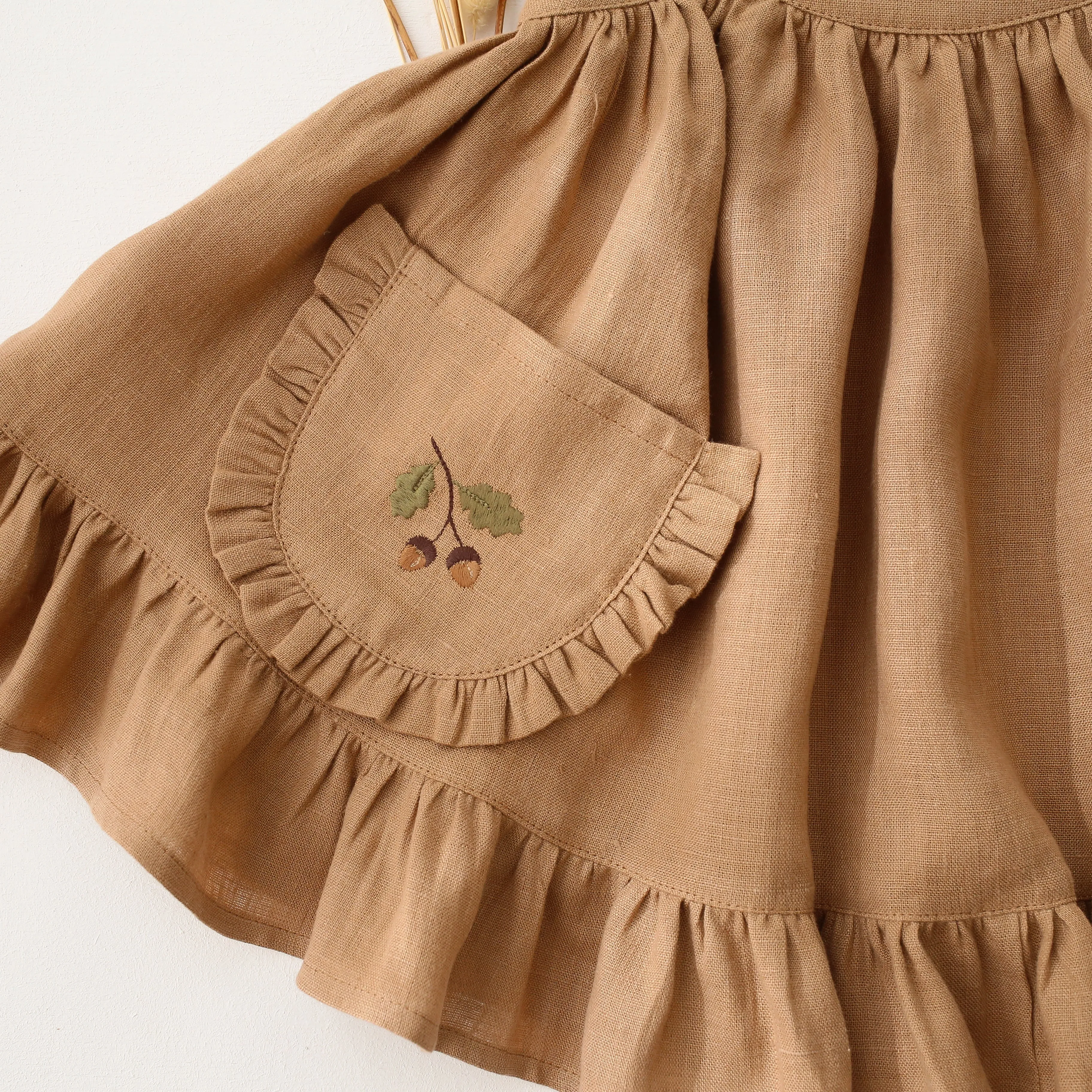 Latte Linen Straps Pinafore with Frills with Mini Acorns Embroidery