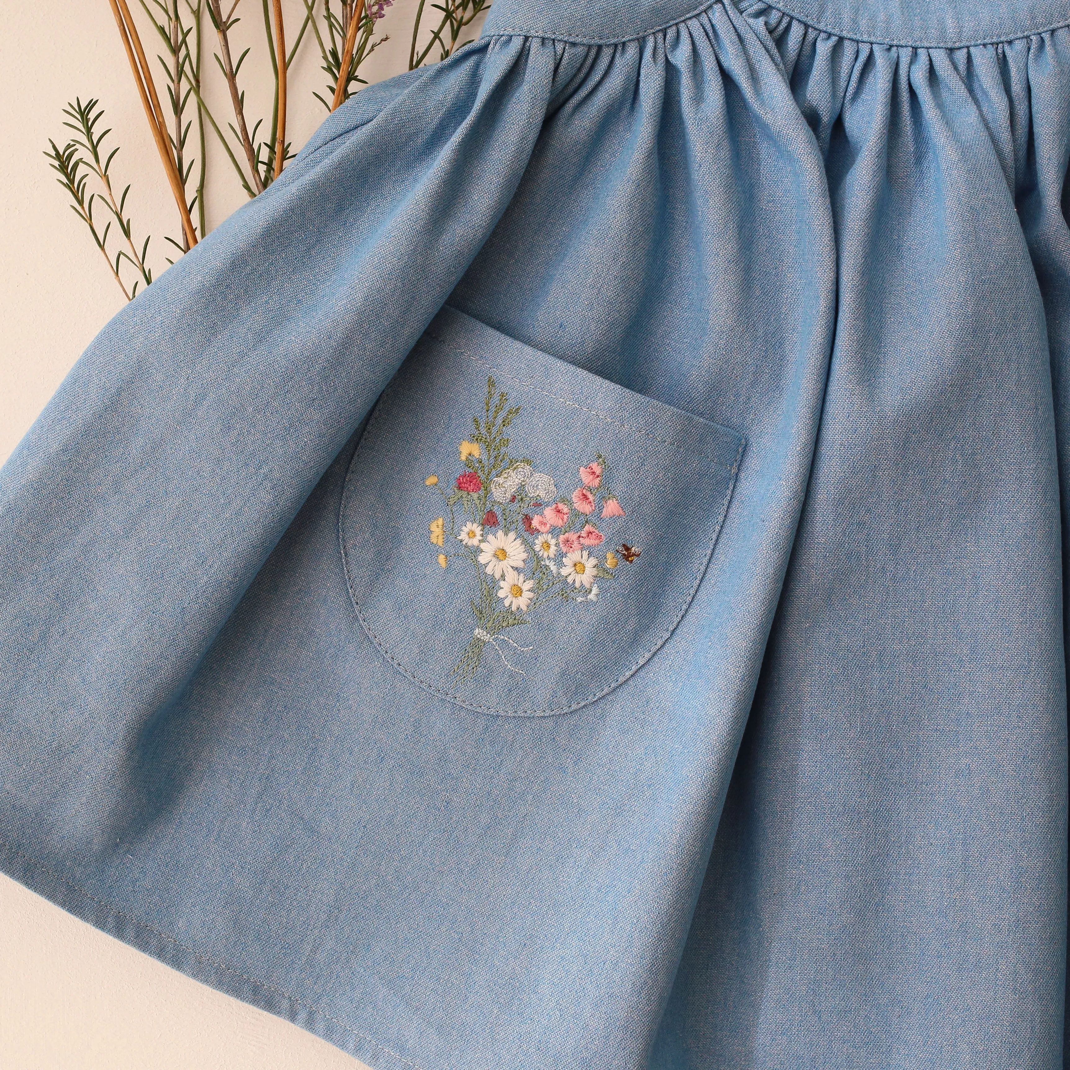 Light Blue Denim Straps Pinafore with Pockets with Enchanted Bouquet Embroidery