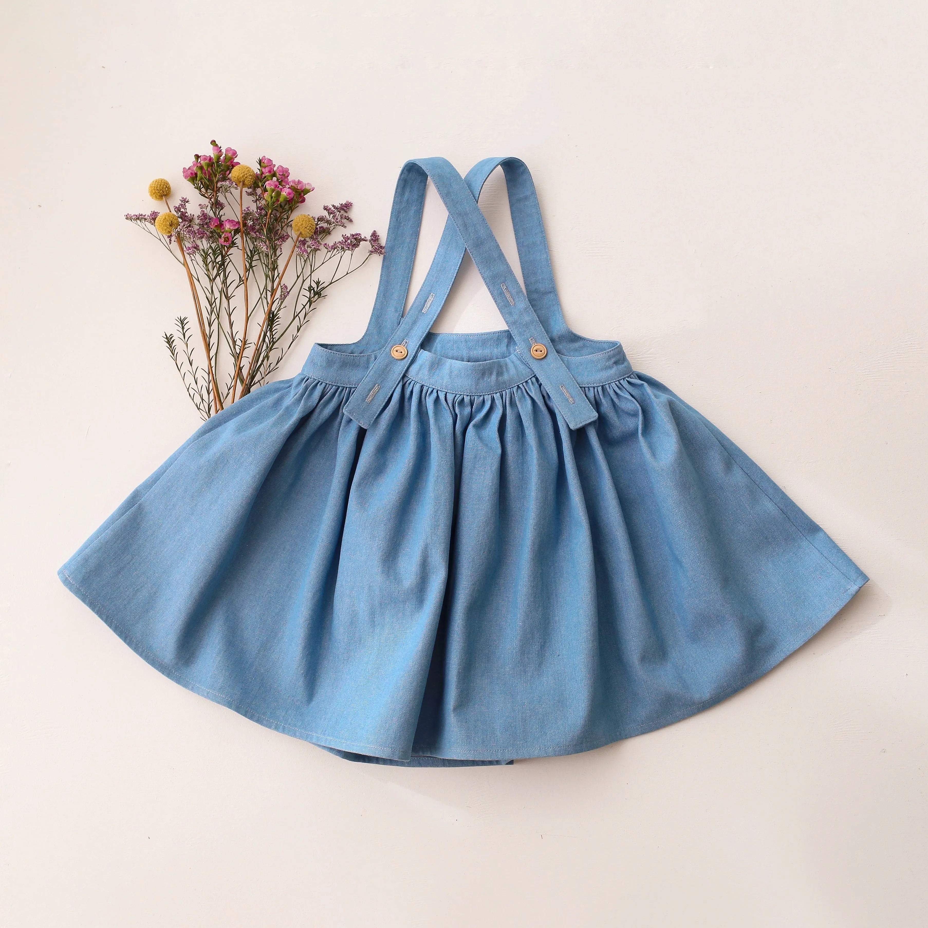 Light Blue Denim Straps Pinafore with Pockets with Enchanted Bouquet Embroidery