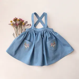 Light Blue Denim Straps Pinafore with Pockets with Enchanted Bouquet Embroidery