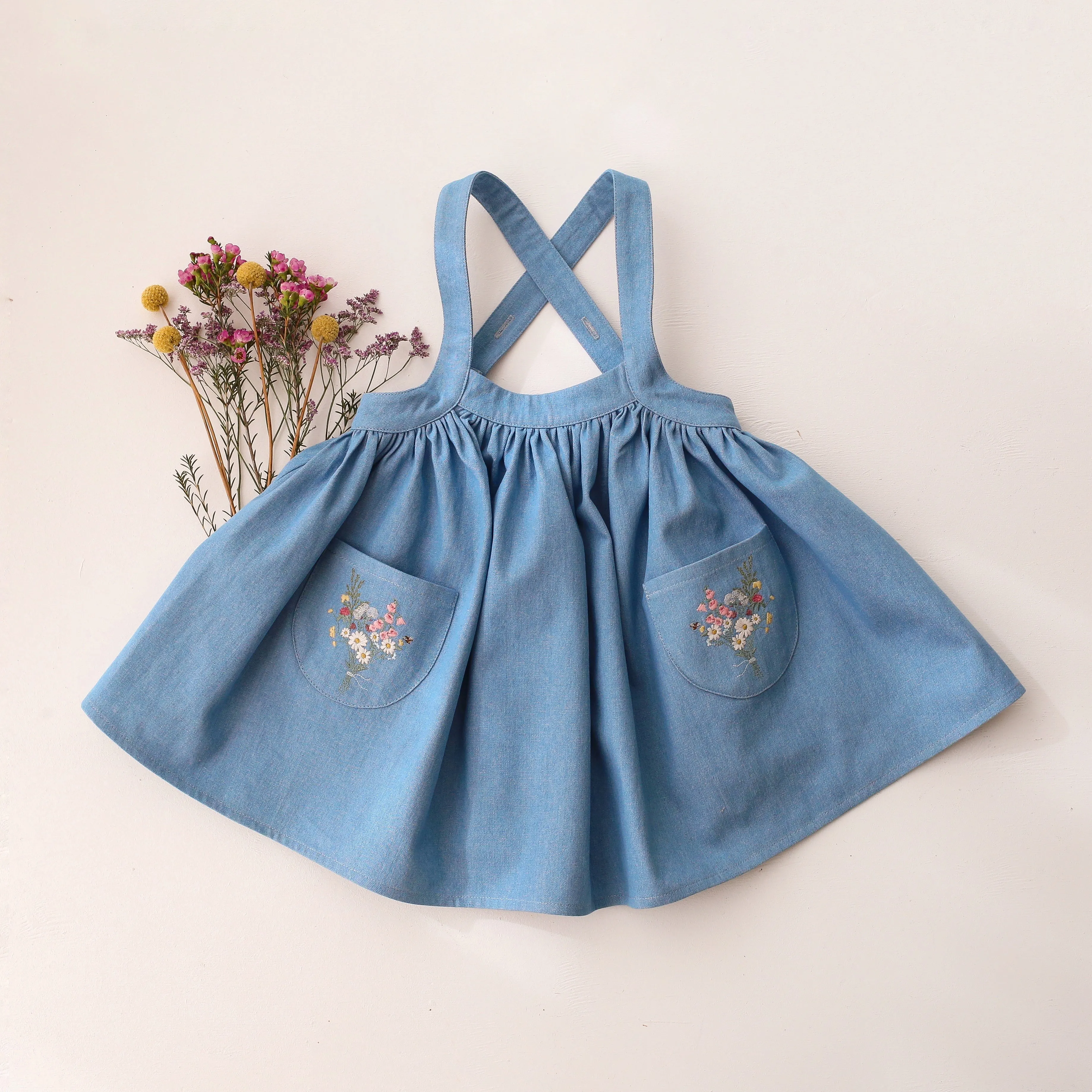 Light Blue Denim Straps Pinafore with Pockets with Enchanted Bouquet Embroidery