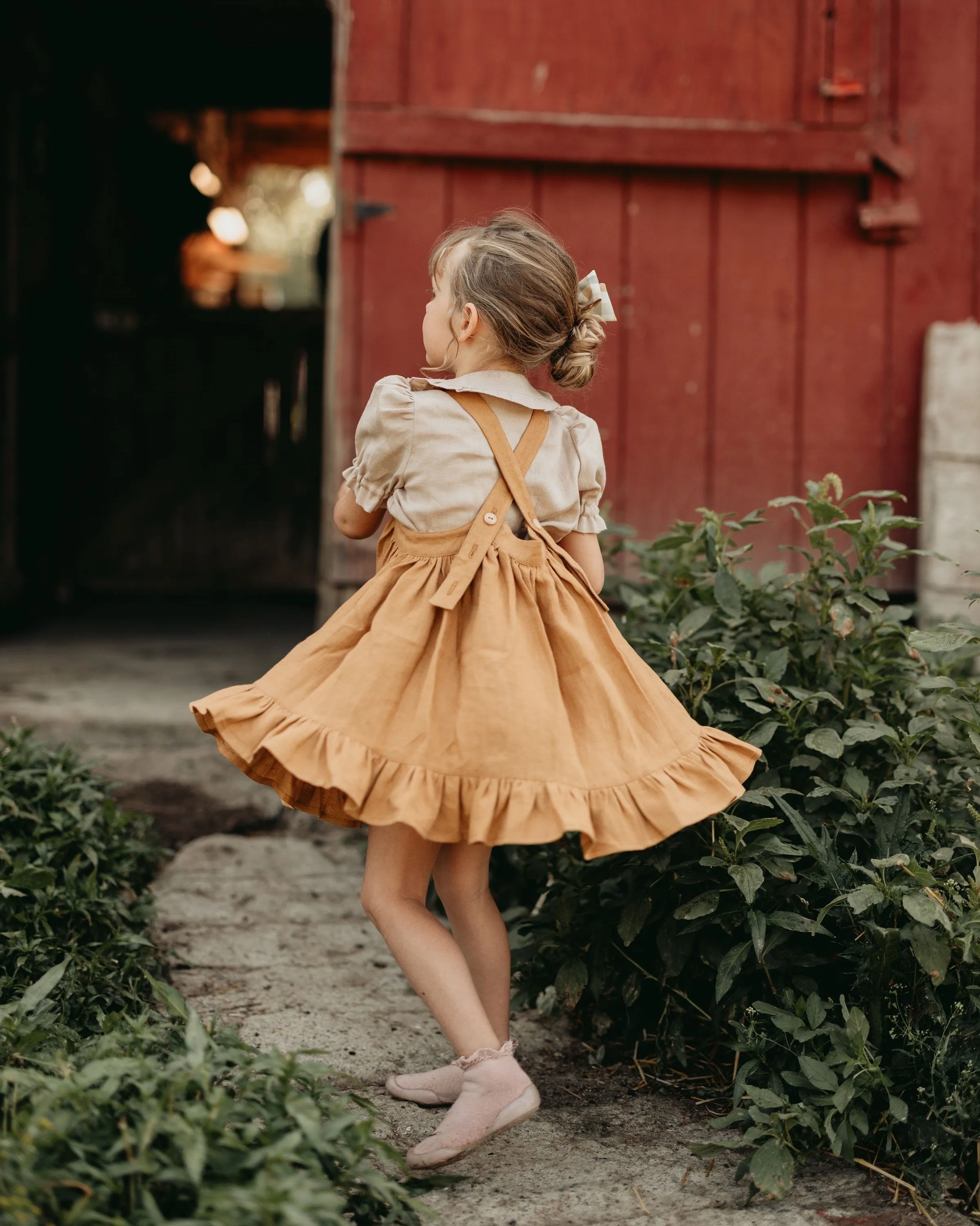 Mustard Linen Straps Pinafore with Frills