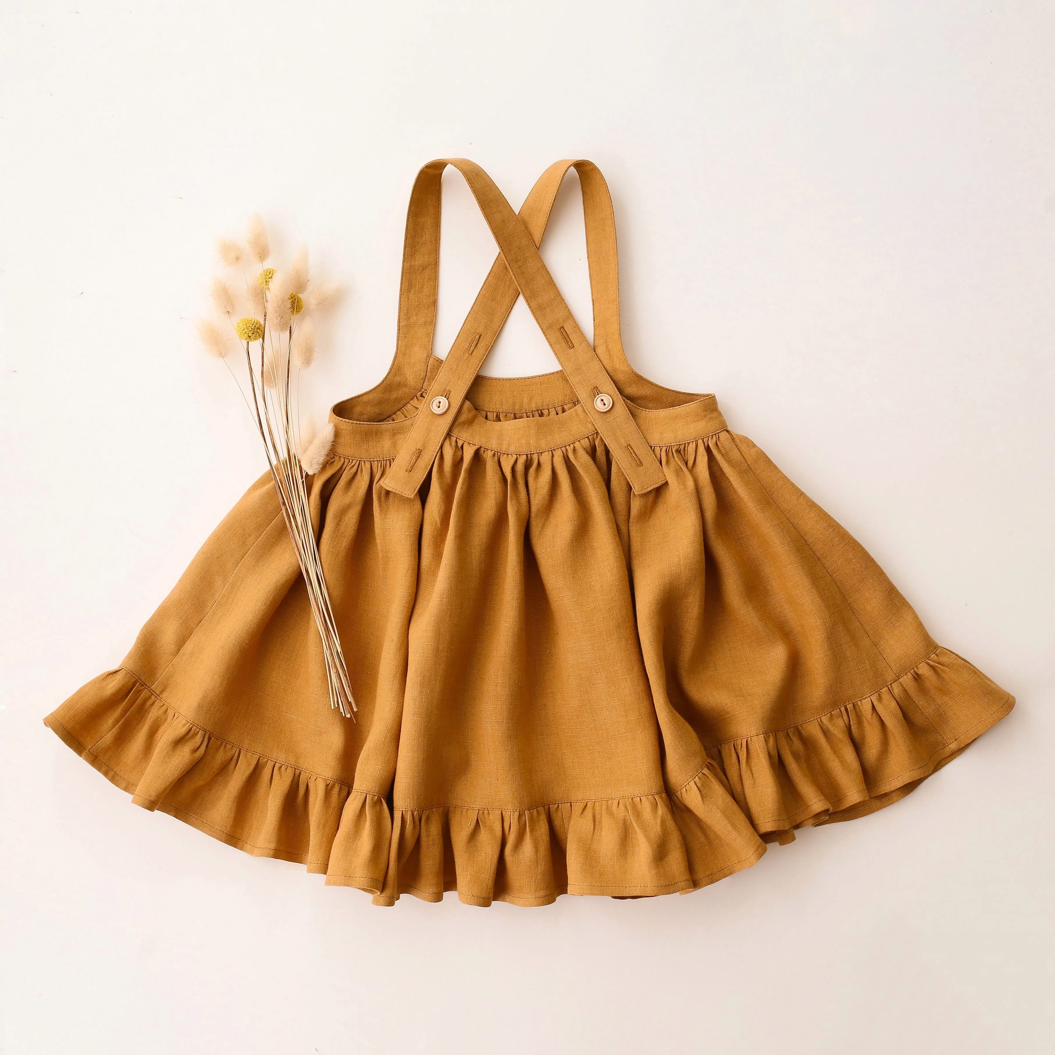 Mustard Linen Straps Pinafore with Frills