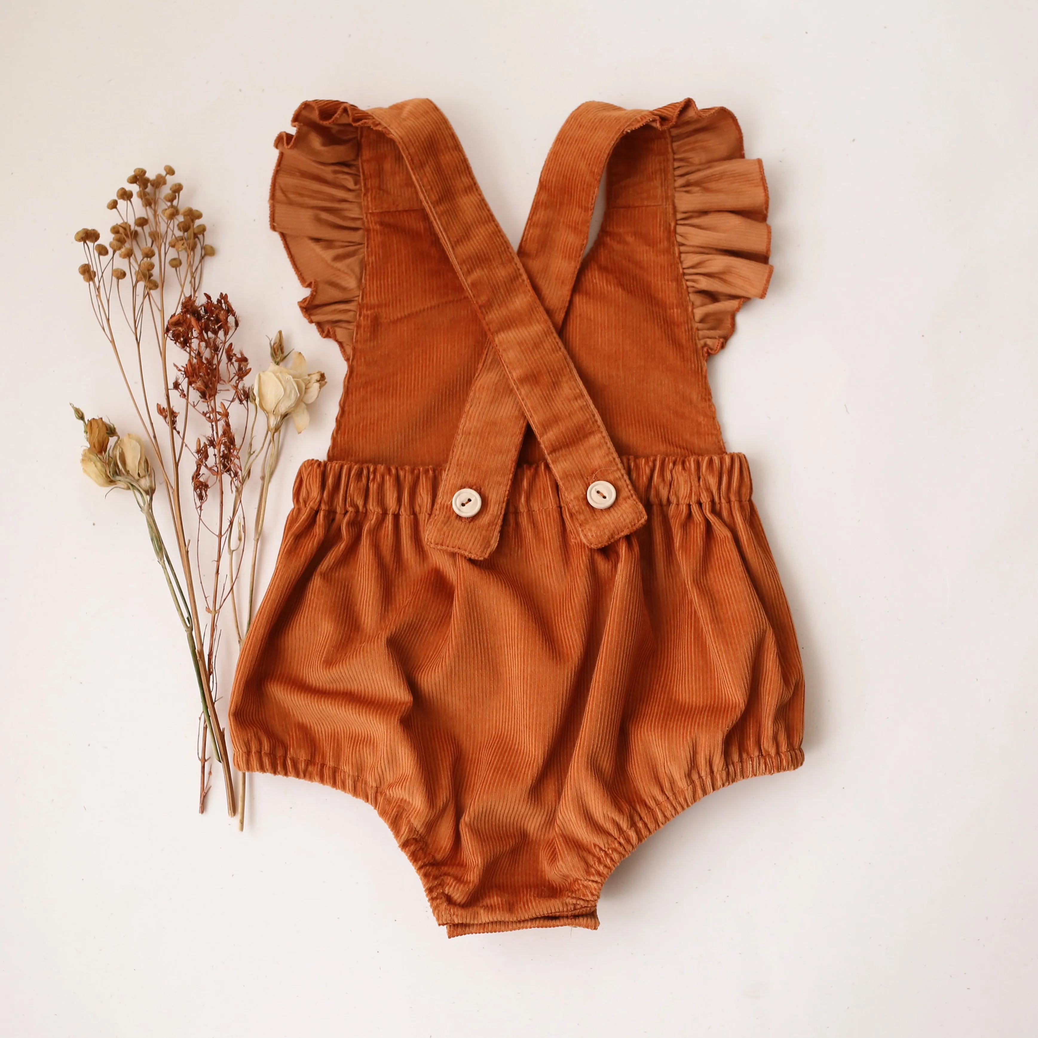 Ochre Corduroy Ruffle Straps Romper