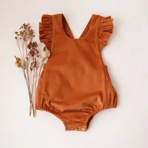 Ochre Corduroy Ruffle Straps Romper