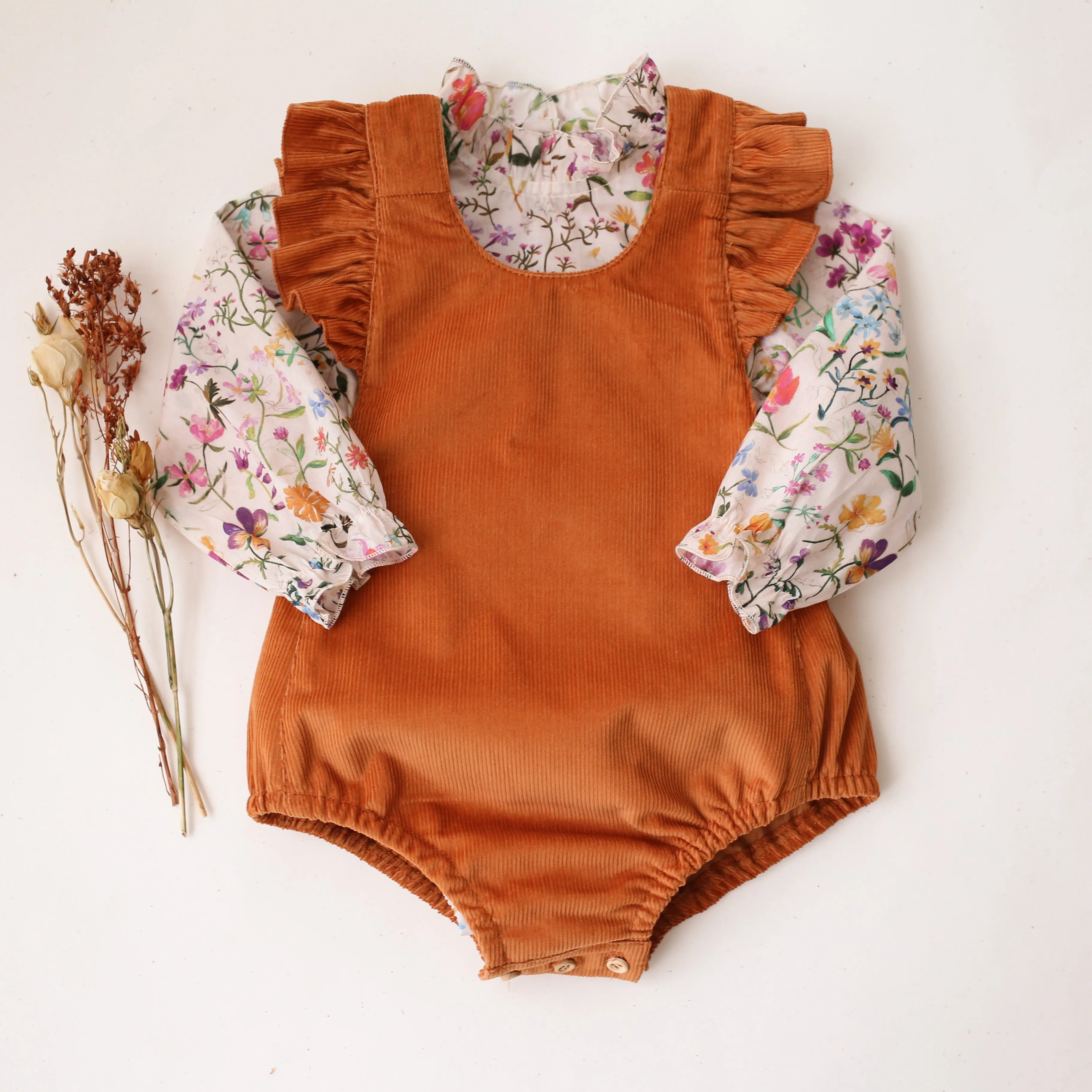 Ochre Corduroy Ruffle Straps Romper