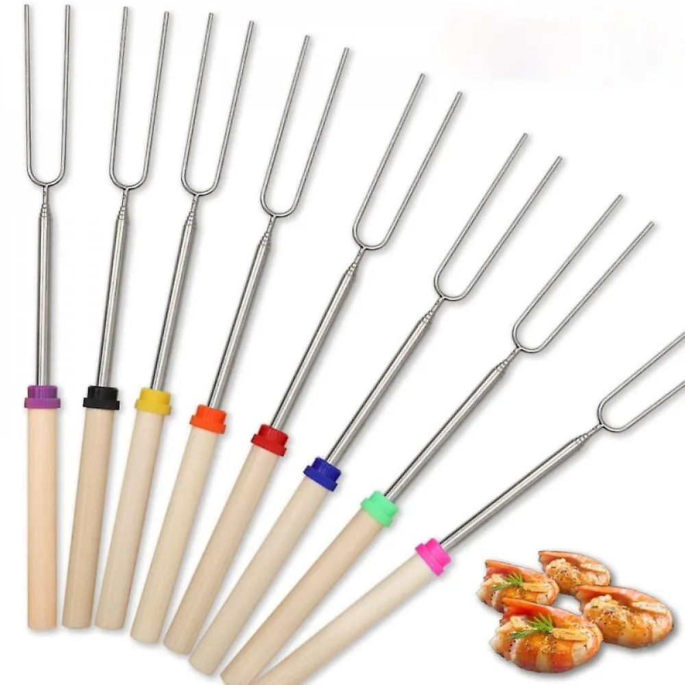 Outdoor Grill Racks Toppers 8pcs/set Bbq Forks Camping With Bags Stainless Steel Wooden Handle Telescoping