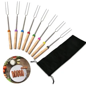 Outdoor Grill Racks Toppers 8pcs/set Bbq Forks Camping With Bags Stainless Steel Wooden Handle Telescoping