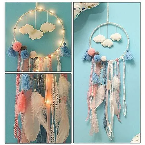 Party Propz Cloud Lights Dream Catchers Handmade Feather Crafts Dreamcatchers with Light Lace for Home,Rooms, Bedroom Wall Hanging Decoration, Craft Hangings Decor,Decorative Items Gift Girls