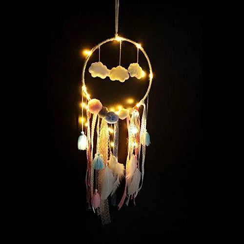 Party Propz Cloud Lights Dream Catchers Handmade Feather Crafts Dreamcatchers with Light Lace for Home,Rooms, Bedroom Wall Hanging Decoration, Craft Hangings Decor,Decorative Items Gift Girls