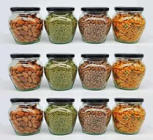 SITOVI Transparent Glass Jar and Container Air Tight Black Lid for Kitchen 400 ml Mataki Glass Jar with Airtight Metal Lid Pack of (12)