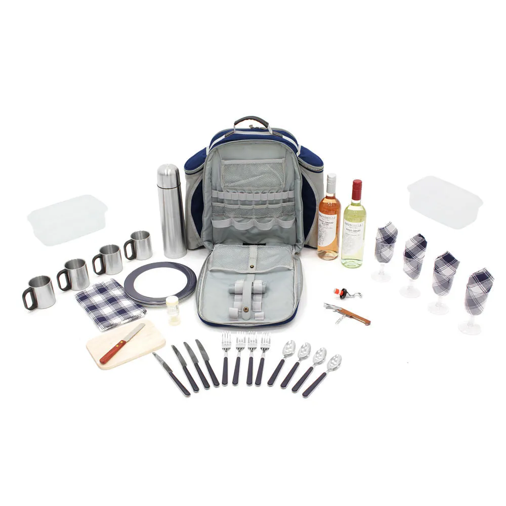 Super Deluxe Picnic Backpack Hamper for Four People with Matching Picnic Blanket