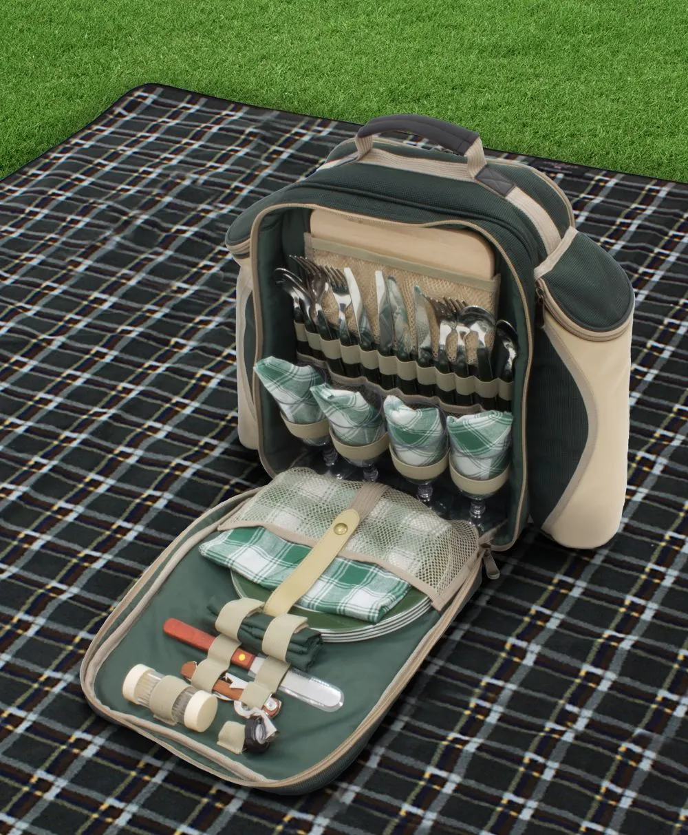 Super Deluxe Picnic Backpack Hamper for Four People with Matching Picnic Blanket